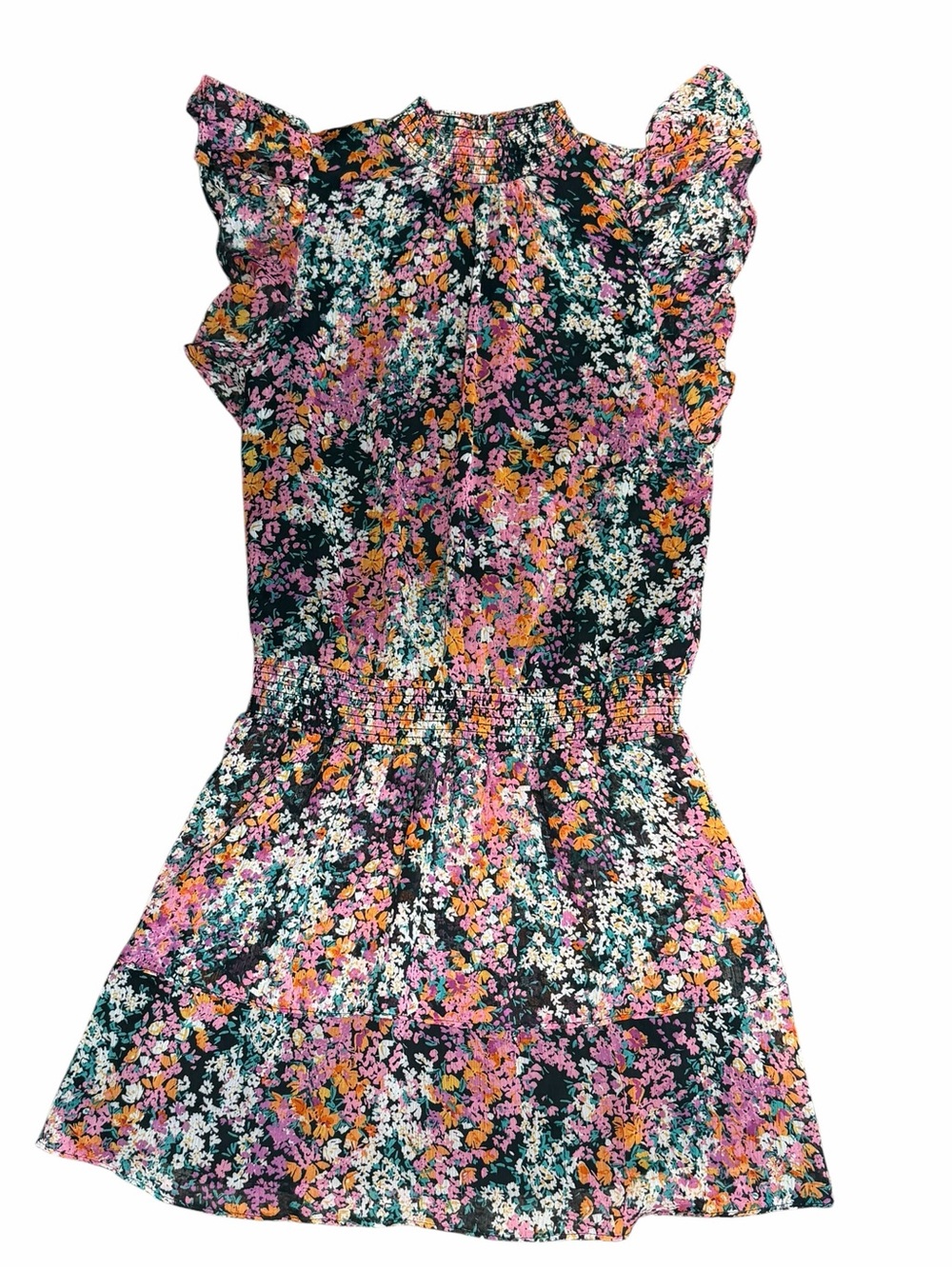 1.STATE Floral Smocked Mock Neck Ruffle Sleeve Mini Dress Black Pink Size Small - Picture 2 of 9